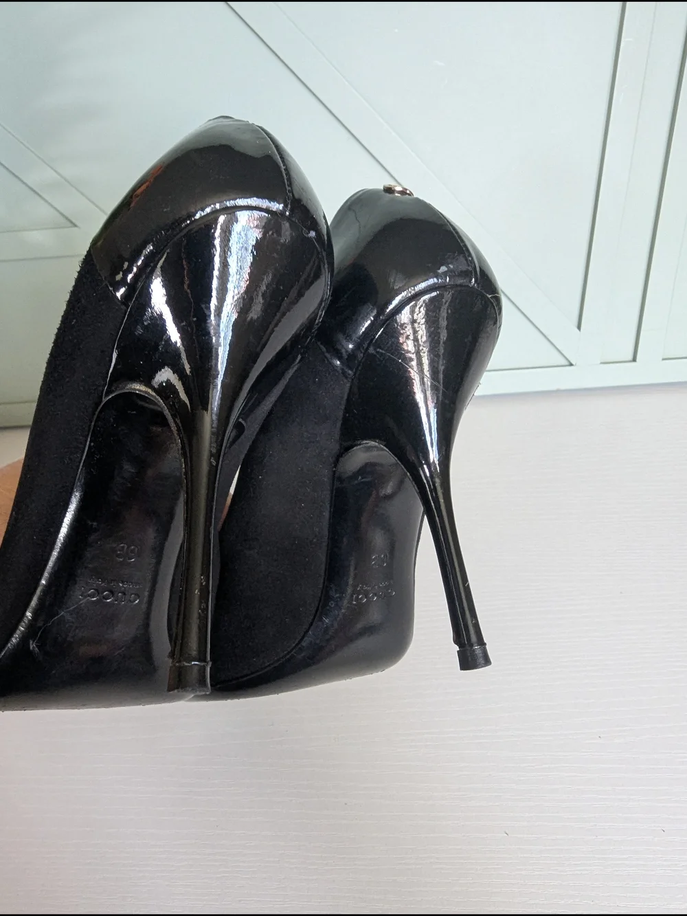 Gucci Black Patent & Suede Peep-Toe Stiletto Pumps